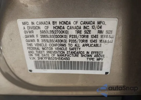 2005 Honda Pilot Ex-L from USA, damaged, VIN 2HKYF18525H510450